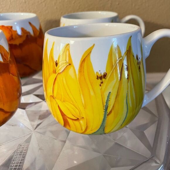 Konitz Sunflower and Orange Poppy Ceramic Mugs set of 4 - Picture 4 of 16